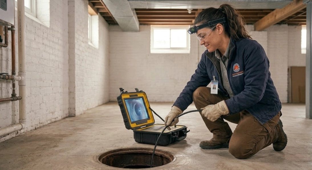 Technician viewing monitor for sewer line repair Far Rockaway Queens camera inspection