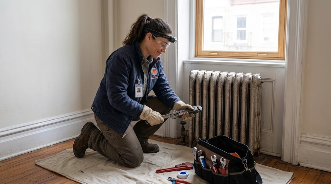 Plumber performing radiator repair Far Rockaway Queens on steam supply valve