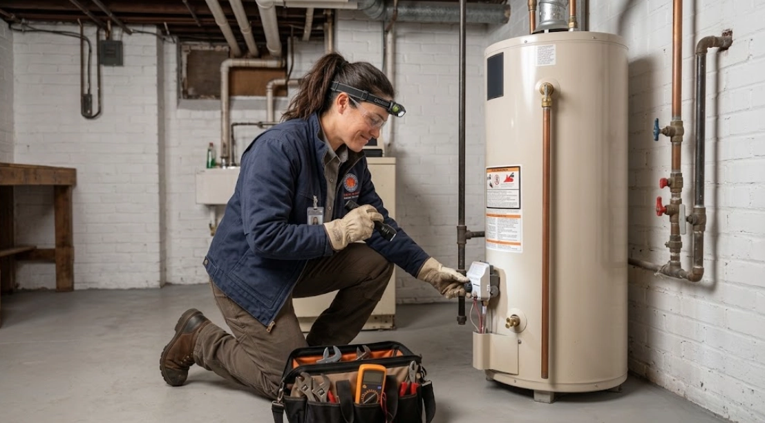 Plumber testing gas control valve for water heater repair Far Rockaway Queens
